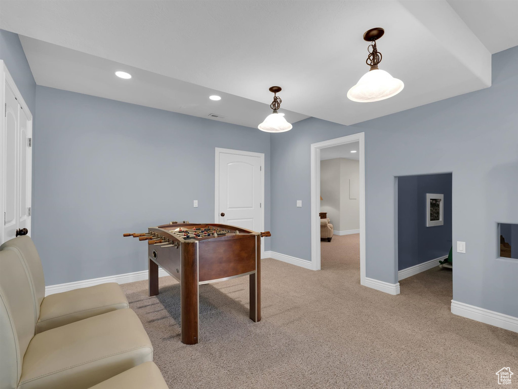 Rec room with light colored carpet