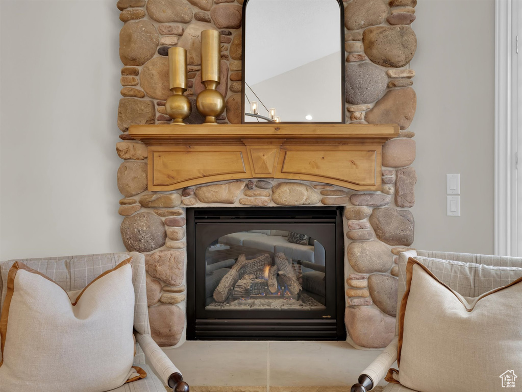Details featuring a stone fireplace