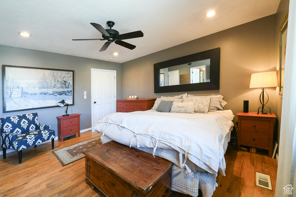 Bedroom with a closet, ceiling fan, and hardwood / wood-style floors