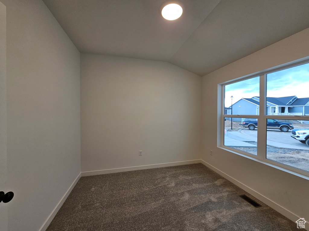 Empty room featuring carpet floors and lofted ceiling