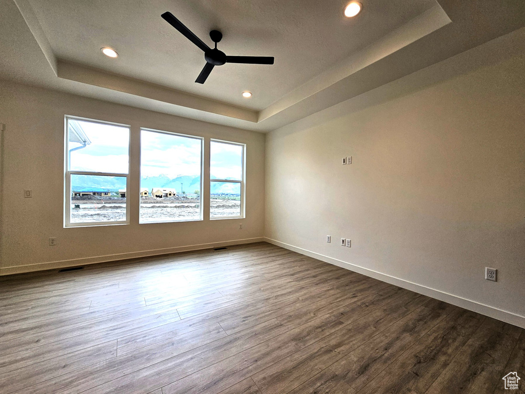 Unfurnished room featuring dark hardwood / wood-style floors, a wealth of natural light, and a tray ceiling
