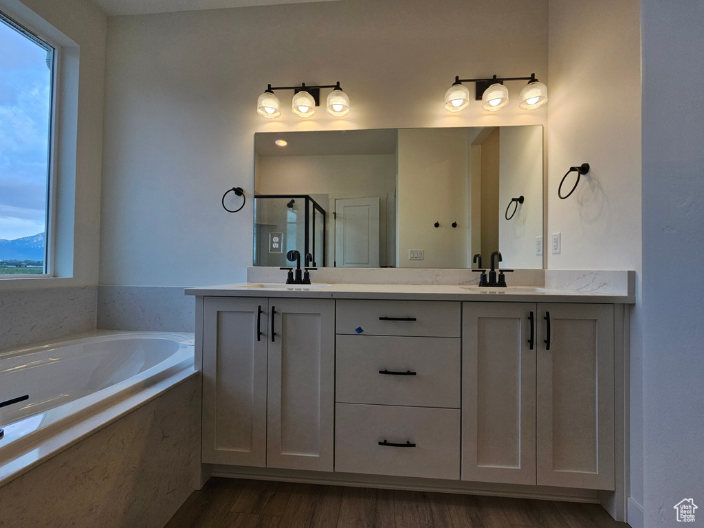 Bathroom with hardwood / wood-style floors, tiled bath, a healthy amount of sunlight, and dual bowl vanity