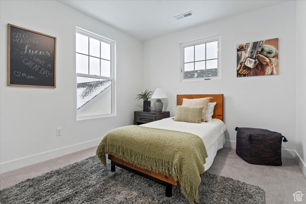 Carpeted bedroom with multiple windows