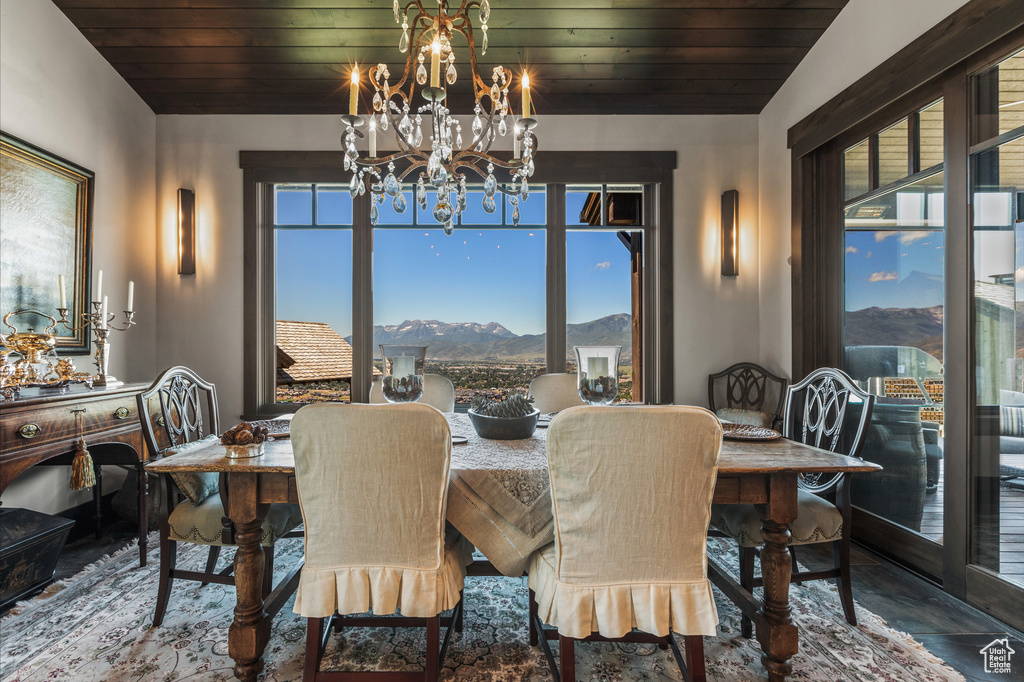 Dining space with vaulted ceiling, a mountain view, a chandelier, wood ceiling, and dark hardwood / wood-style flooring