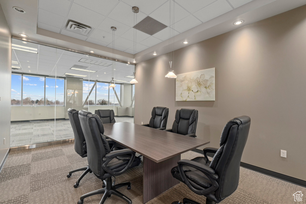 Office area featuring expansive windows, light colored carpet, and a drop ceiling