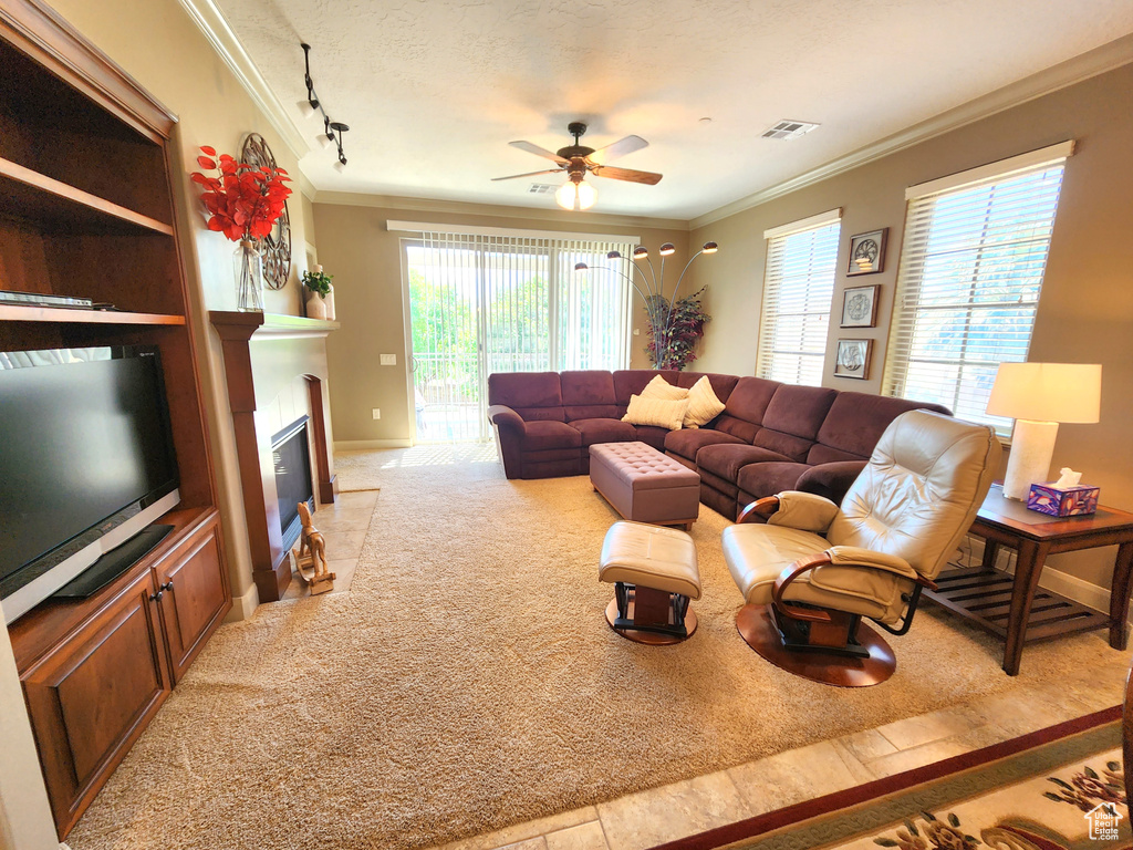 Carpeted living room featuring a textured ceiling, crown molding, rail lighting, and ceiling fan