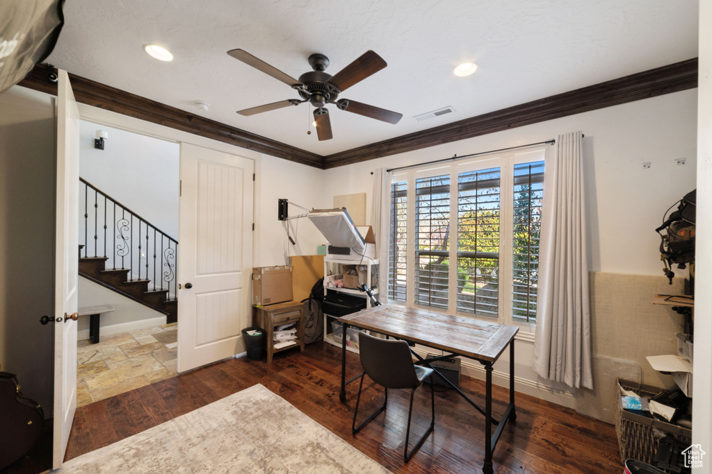 Office space with dark hardwood / wood-style flooring, crown molding, and ceiling fan