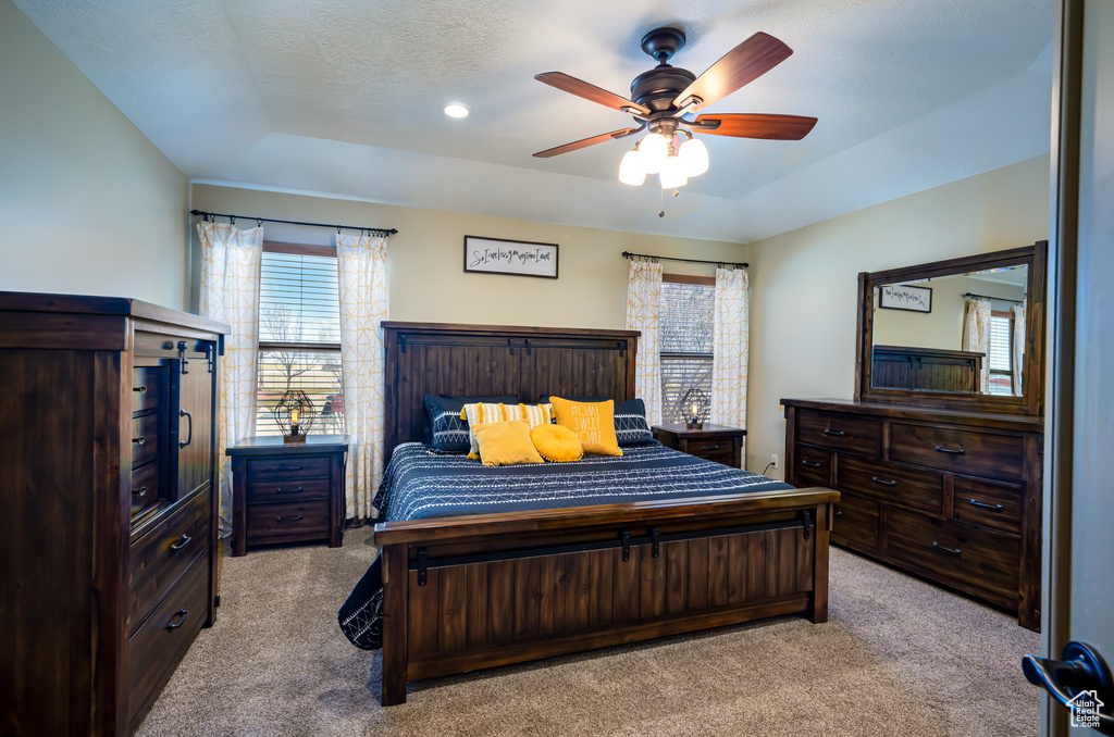 Bedroom with a raised ceiling, light colored carpet, and ceiling fan