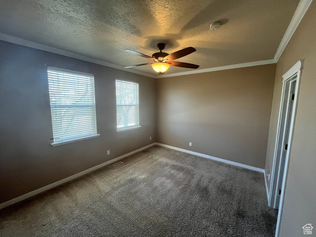 Carpeted spare room featuring crown molding, a textured ceiling, and ceiling fan