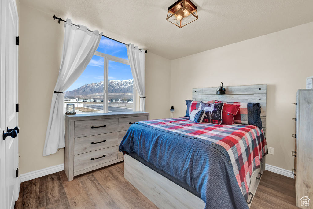 Bedroom with a mountain view and hardwood / wood-style flooring
