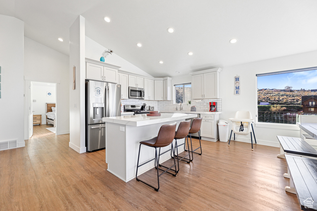 Kitchen featuring a wealth of natural light, appliances with stainless steel finishes, light hardwood / wood-style floors, and a kitchen island