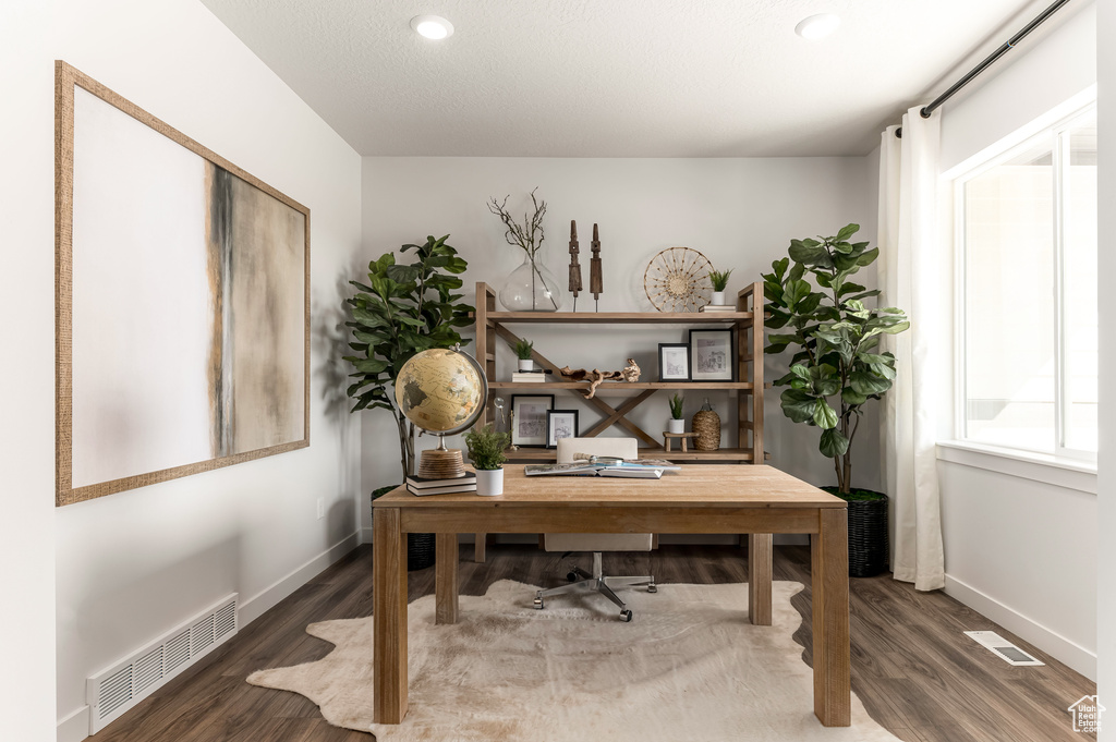 Home office with hardwood / wood-style floors