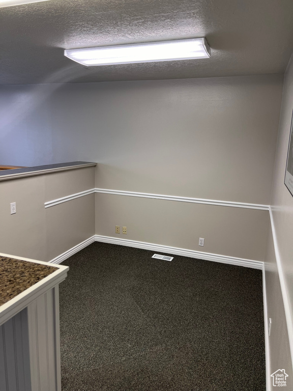 Additional living space with vaulted ceiling, carpet flooring, and a textured ceiling