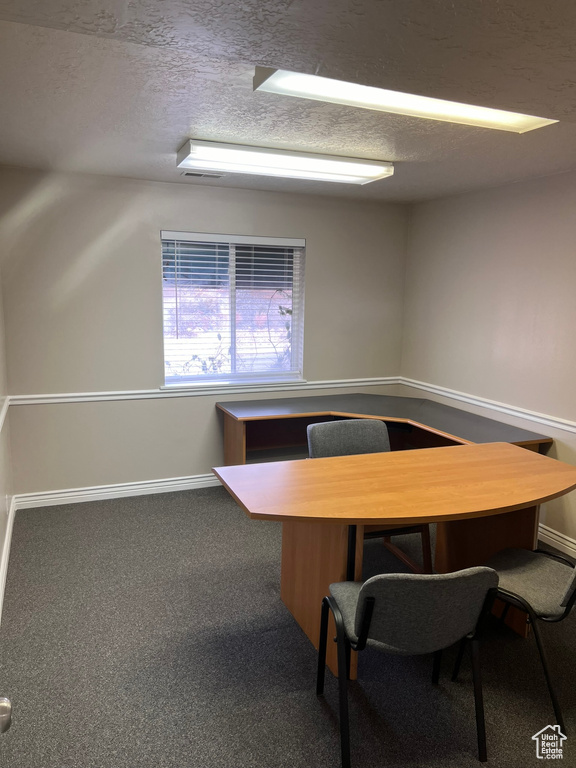 Unfurnished office with carpet and a textured ceiling