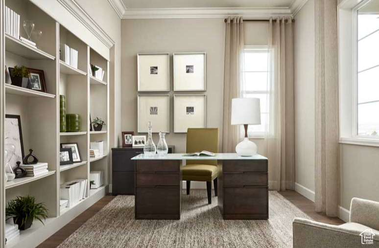 Office space with crown molding and hardwood / wood-style flooring