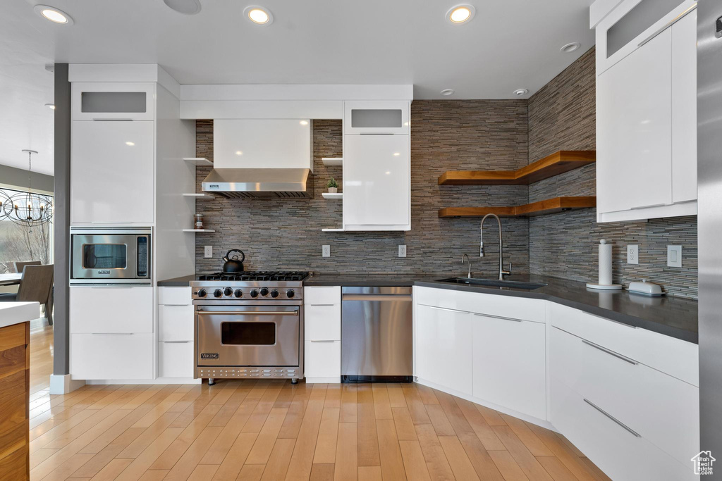 Kitchen with white cabinets, appliances with stainless steel finishes, and backsplash