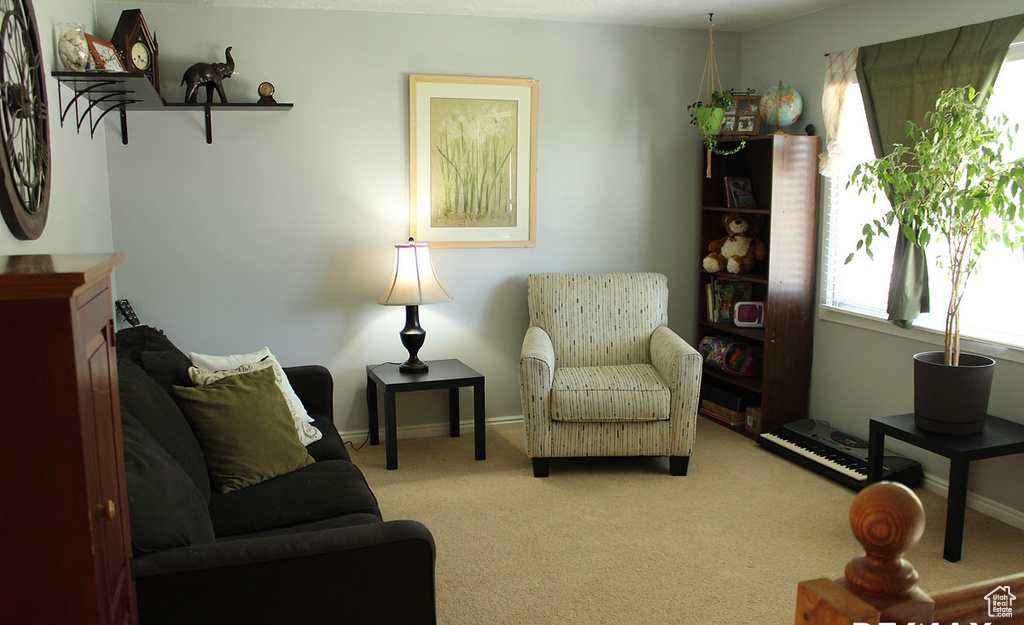 Sitting room with light colored carpet