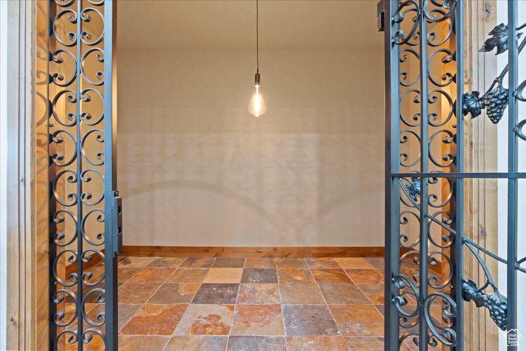 Interior space with dark tile flooring