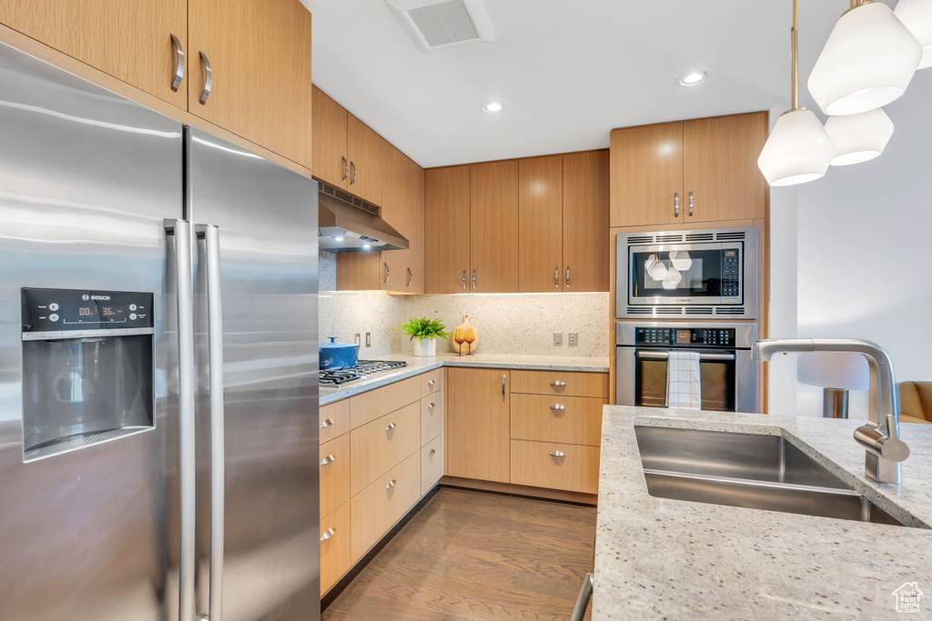 Kitchen with hardwood / wood-style floors, backsplash, sink, appliances with stainless steel finishes, and hanging light fixtures