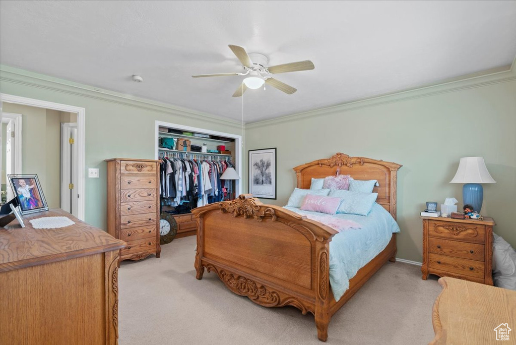 Bedroom with a closet, a spacious closet, light colored carpet, ornamental molding, and ceiling fan