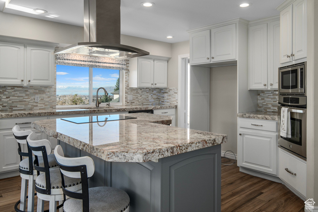 Kitchen featuring white cabinets, appliances with stainless steel finishes, backsplash, and island range hood