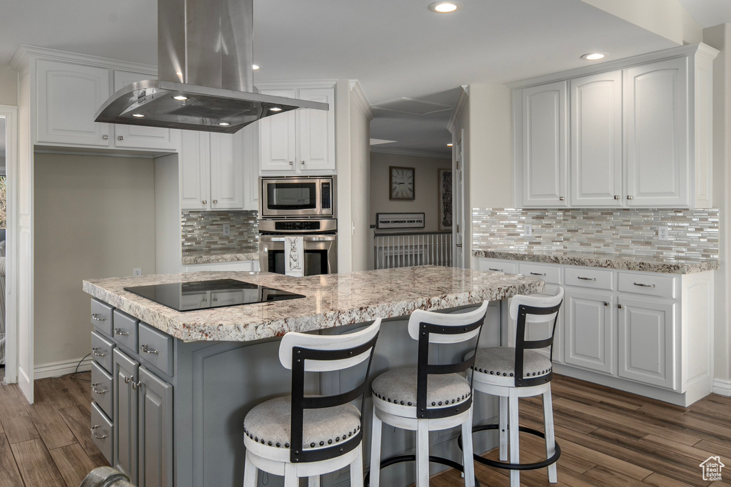 Kitchen featuring appliances with stainless steel finishes, gray cabinets, white cabinetry, tasteful backsplash, and island exhaust hood