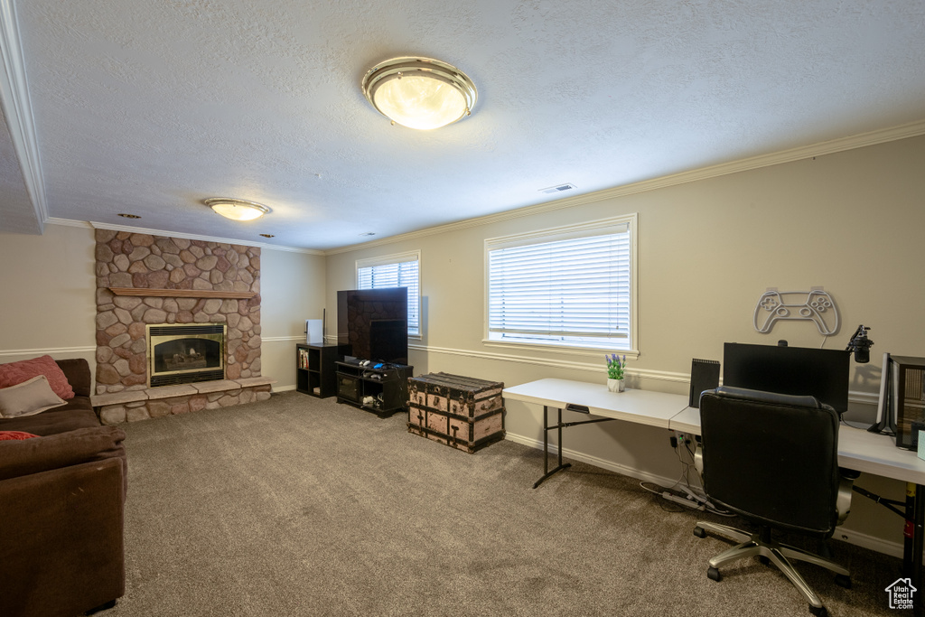 Office area with a stone fireplace, ornamental molding, a textured ceiling, and carpet