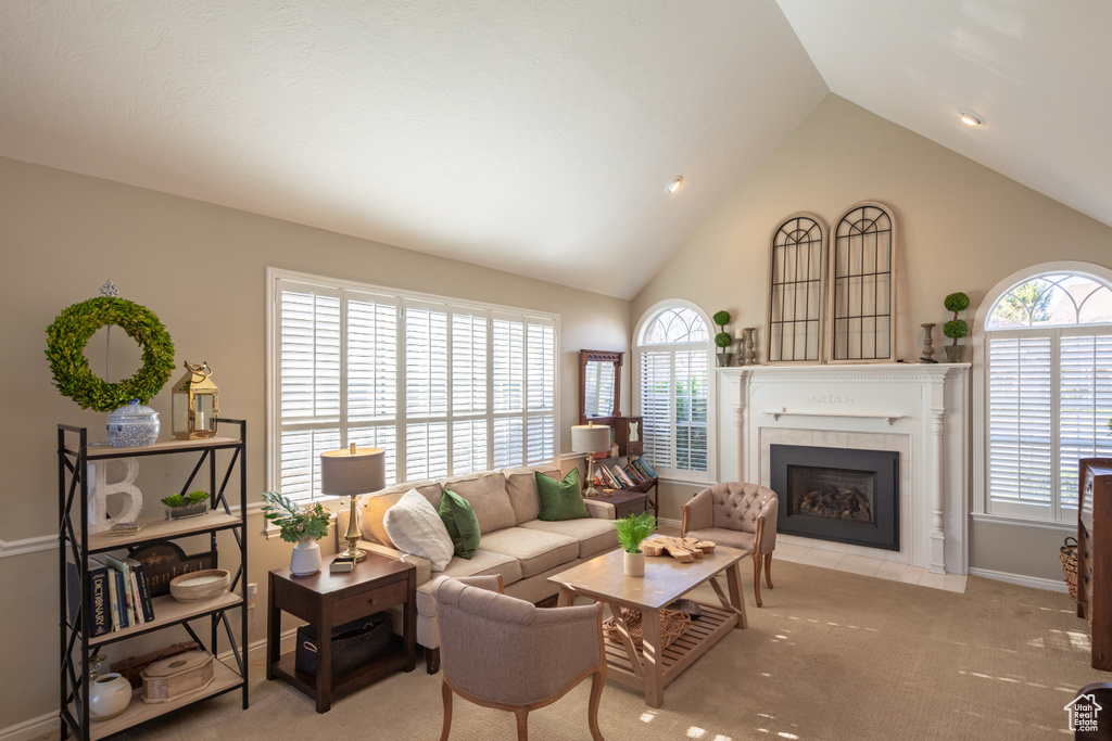 Living room with light colored carpet and high vaulted ceiling