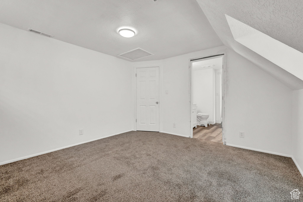 Additional living space featuring vaulted ceiling, carpet flooring, and a textured ceiling