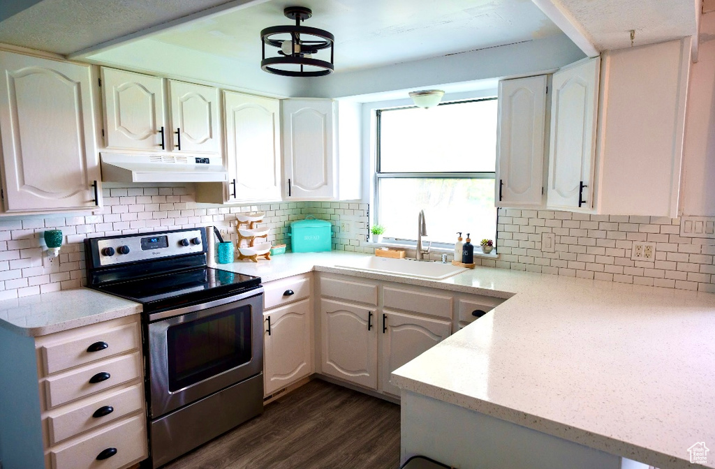 Kitchen featuring white cabinets, sink, dark wood-type flooring, stainless steel electric stove, and premium range hood