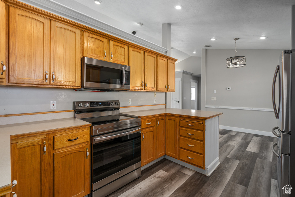 Kitchen featuring appliances with stainless steel finishes, pendant lighting, an inviting chandelier, lofted ceiling, and dark hardwood / wood-style floors
