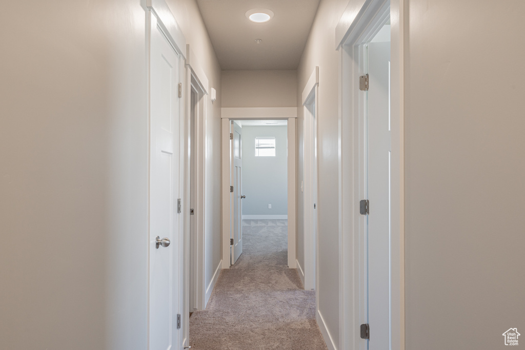 Hall with light colored carpet