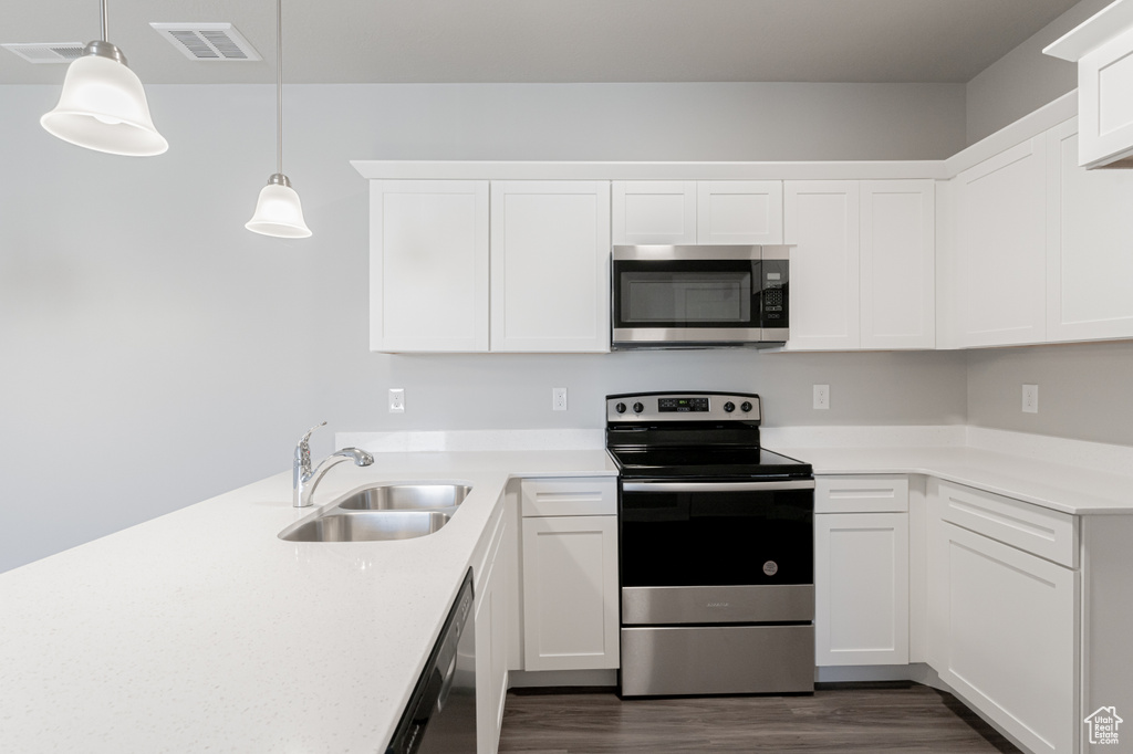 Kitchen with white cabinets, hanging light fixtures, dark hardwood / wood-style flooring, appliances with stainless steel finishes, and sink