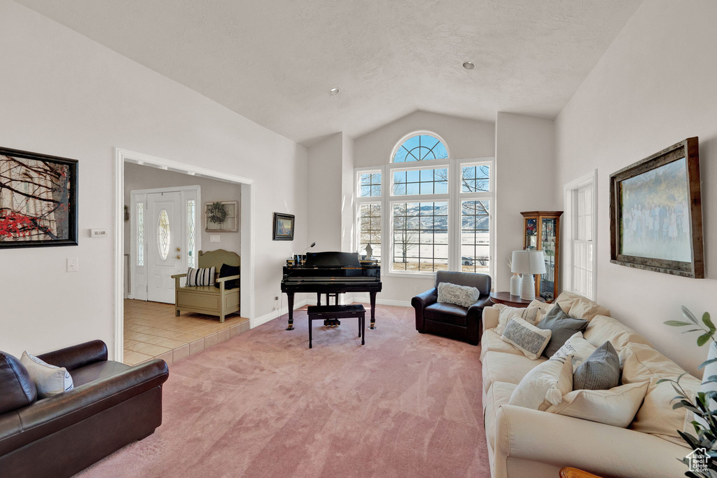 Carpeted living room with high vaulted ceiling