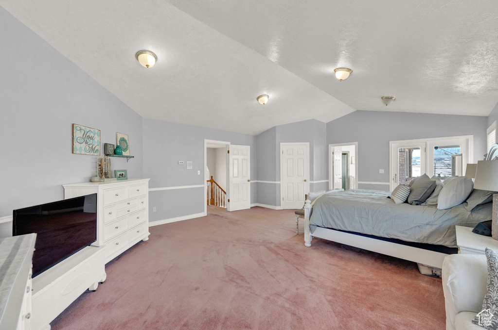 Carpeted bedroom with vaulted ceiling and connected bathroom