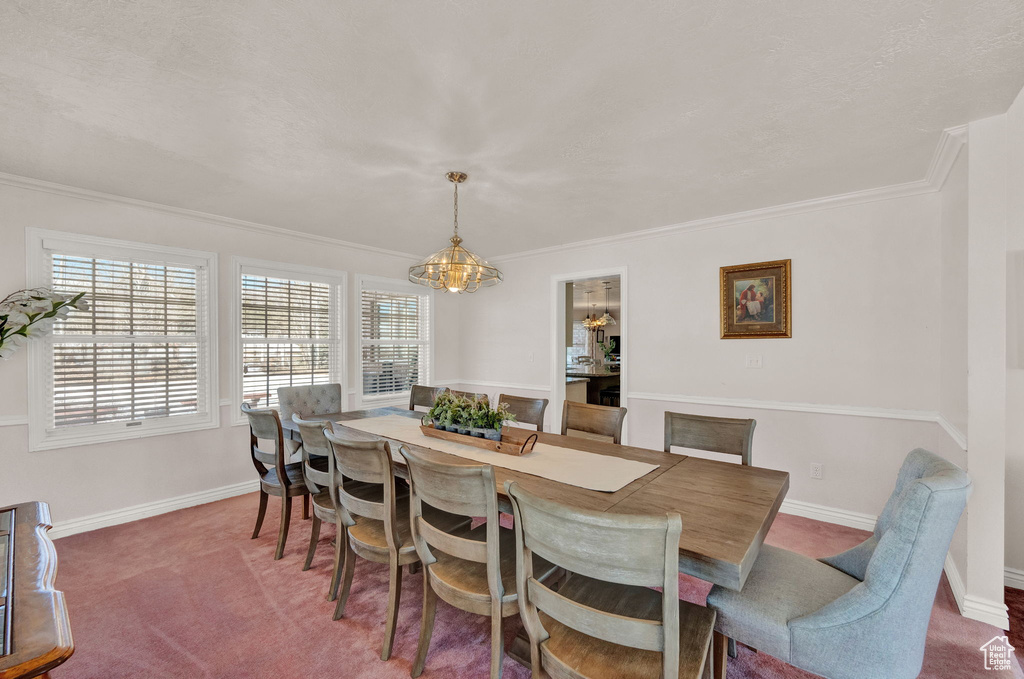 Carpeted dining room featuring crown molding and an inviting chandelier
