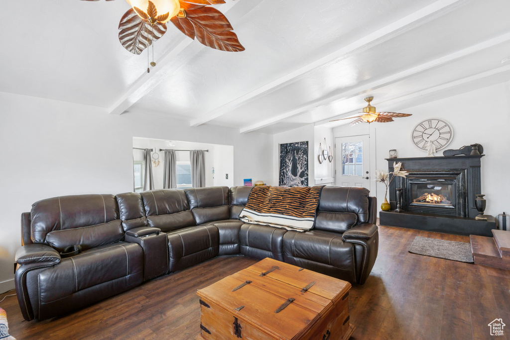 Living room featuring beam ceiling, dark wood-type flooring, and ceiling fan