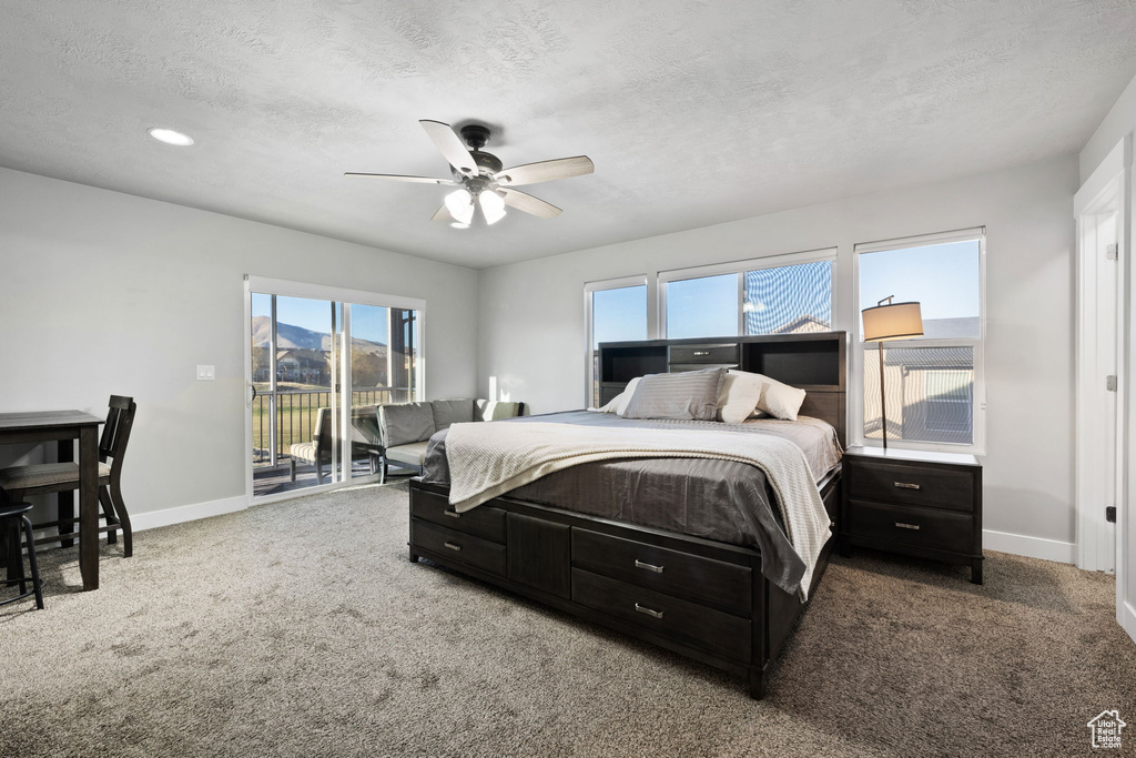 Bedroom with ceiling fan, access to exterior, carpet flooring, and multiple windows