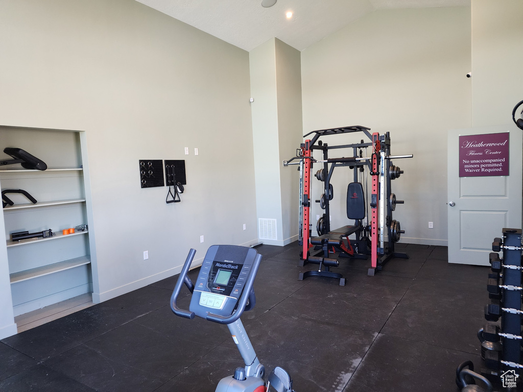Workout room with vaulted ceiling