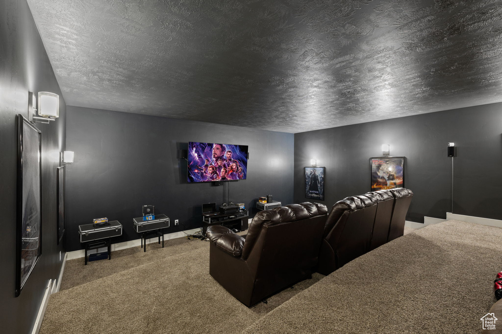 Carpeted cinema room with a textured ceiling