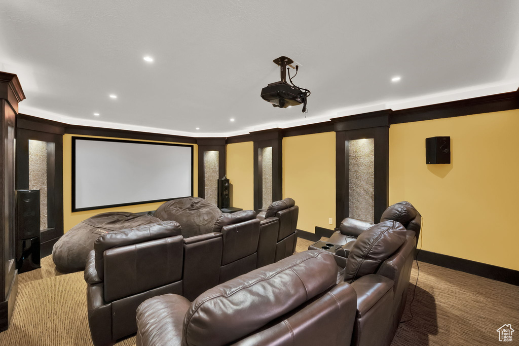 Carpeted cinema with crown molding