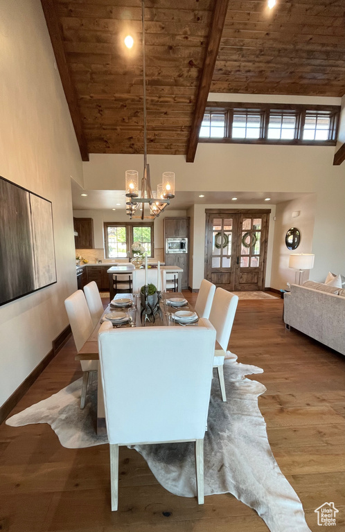 Dining area featuring beamed ceiling, high vaulted ceiling, hardwood / wood-style floors, a chandelier, and wood ceiling