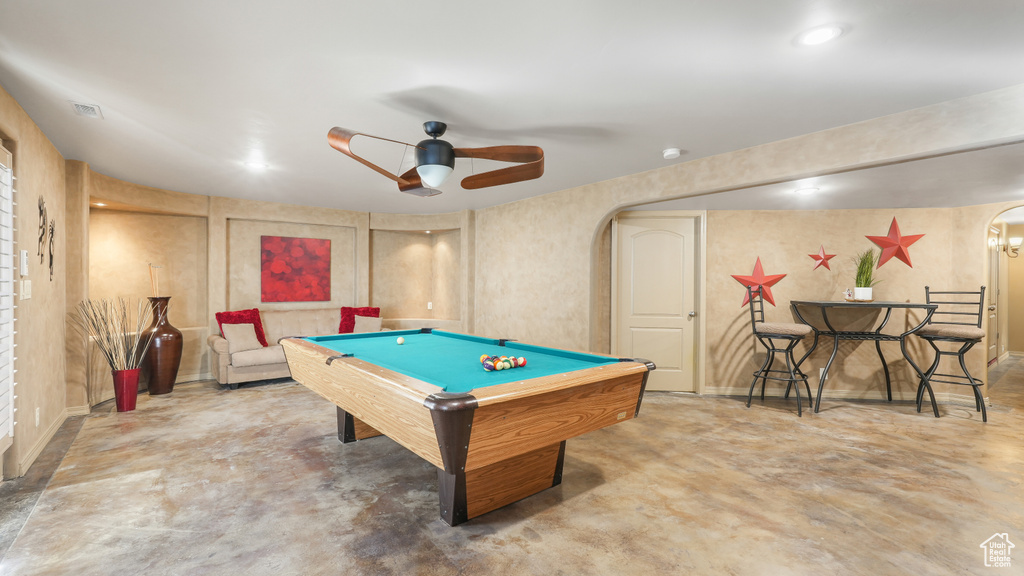 Playroom featuring pool table and ceiling fan