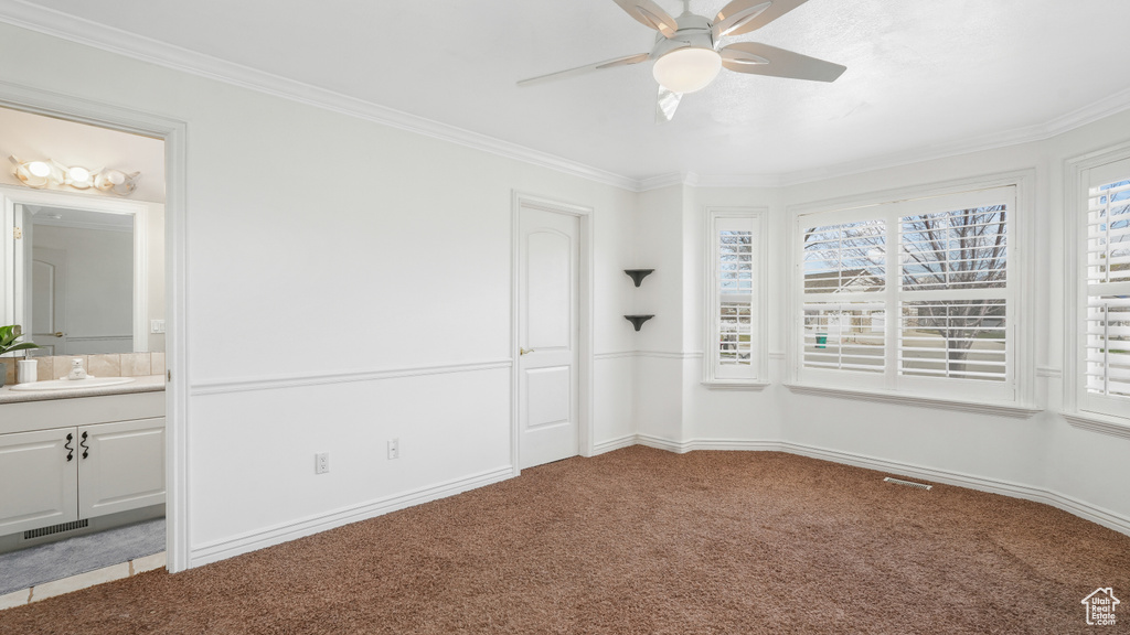 Carpeted spare room with sink, crown molding, and ceiling fan