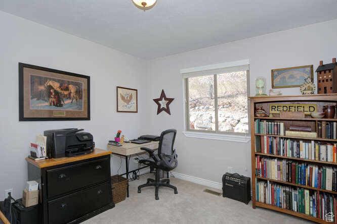 Home office with light colored carpet