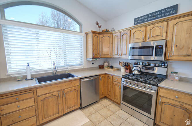 Kitchen featuring stainless steel appliances, sink, and a wealth of natural light