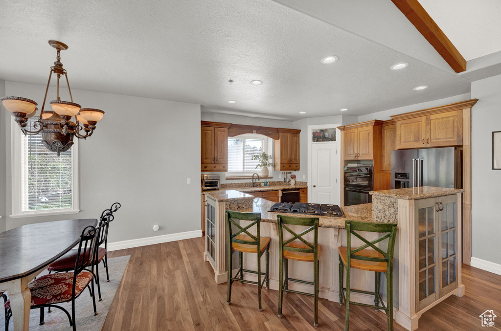Kitchen featuring a notable chandelier, plenty of natural light, stainless steel appliances, and dark hardwood / wood-style floors