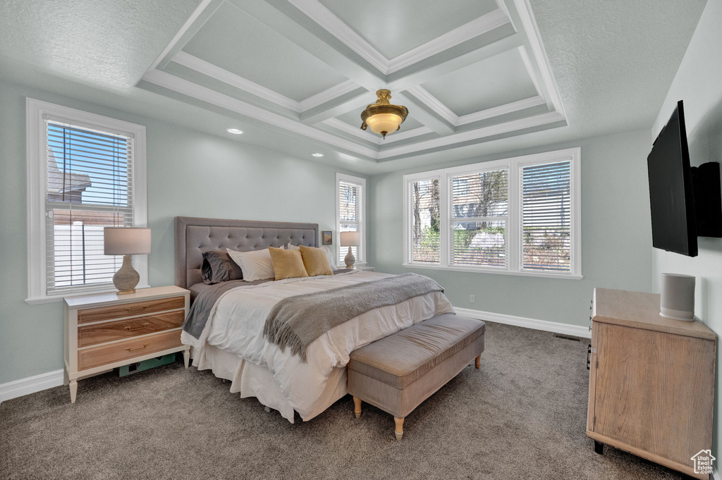 Bedroom featuring multiple windows, coffered ceiling, and carpet