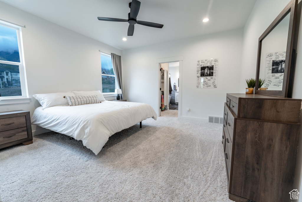 Carpeted bedroom with multiple windows, ensuite bathroom, and ceiling fan