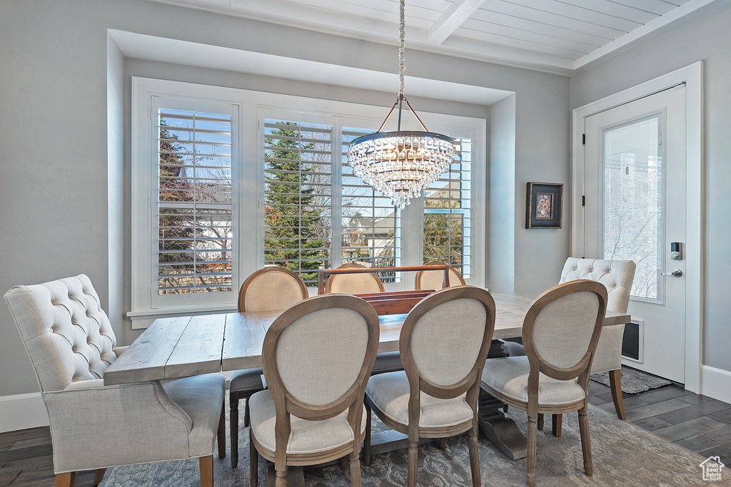 Dining space featuring plenty of natural light, beam ceiling, a chandelier, and dark hardwood / wood-style flooring